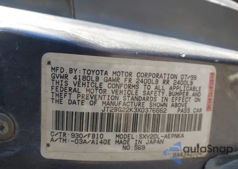 1999 Toyota Camry Le из США, поврежденный, VIN JT2BG22K3X0376662